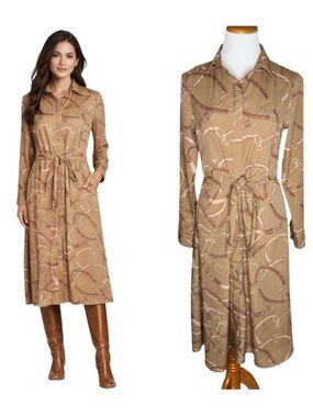 Lauren Ralph Lauren Tie Waist Shirt Dress Size 6 Camel Horse Bridle Equestrian